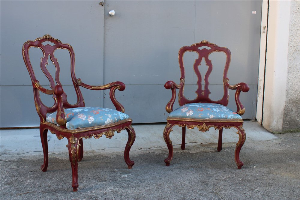 Sicilian Baroque Style Armchairs in Red Lacquer, 1930s, Set of 2