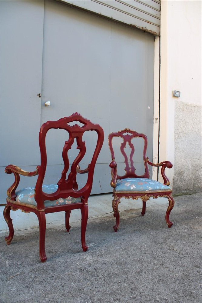 Sicilian Baroque Style Armchairs in Red Lacquer, 1930s, Set of 2