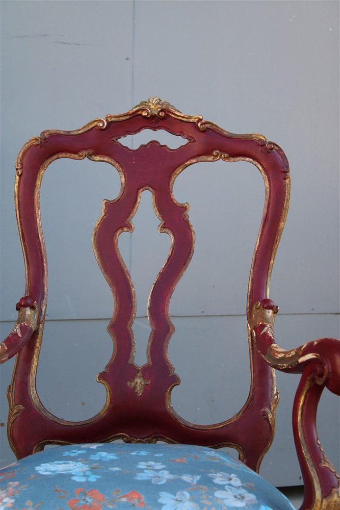 Sicilian Baroque Style Armchairs in Red Lacquer, 1930s, Set of 2