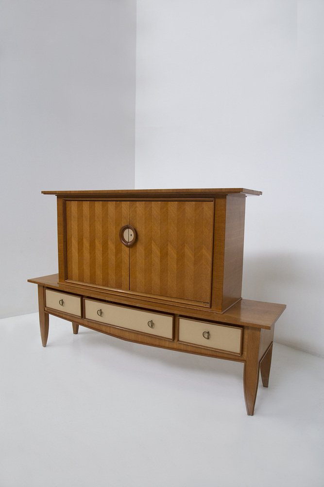 Side Cabinet in Leather and Brass attributed to Maxime