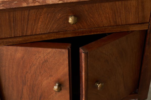 Side Cabinet in Walnut and Red Marble, 1940s-FEW-2024194