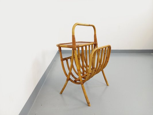 Side Table with Rattan and Wood Magazine Rack, 1960s-AHO-1758393