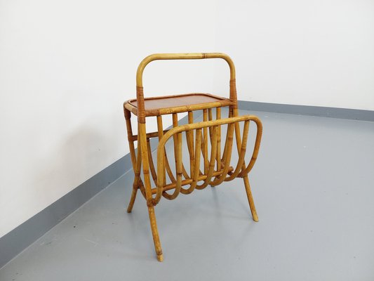 Side Table with Rattan and Wood Magazine Rack, 1960s-AHO-1758393