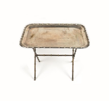 Side Table with Tray in Faux Bamboo & Silvered Brass from Maison Bagues, France, 1960s-LYQ-1719011