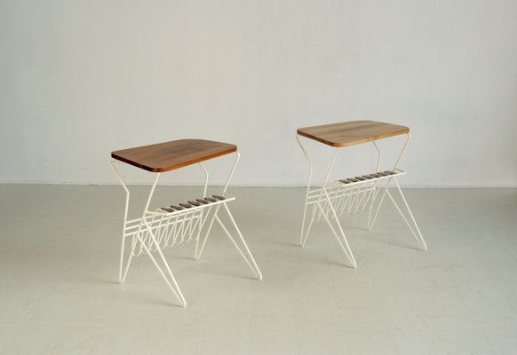 Side Tables in Elm and Lacquered Metal, France, 1950, Set of 2-FQ-2036669