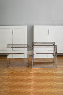 Side Tables in Steel with Mirrored Glass and Lower Shelf, 1970s, Set of 2-MNF-1311897