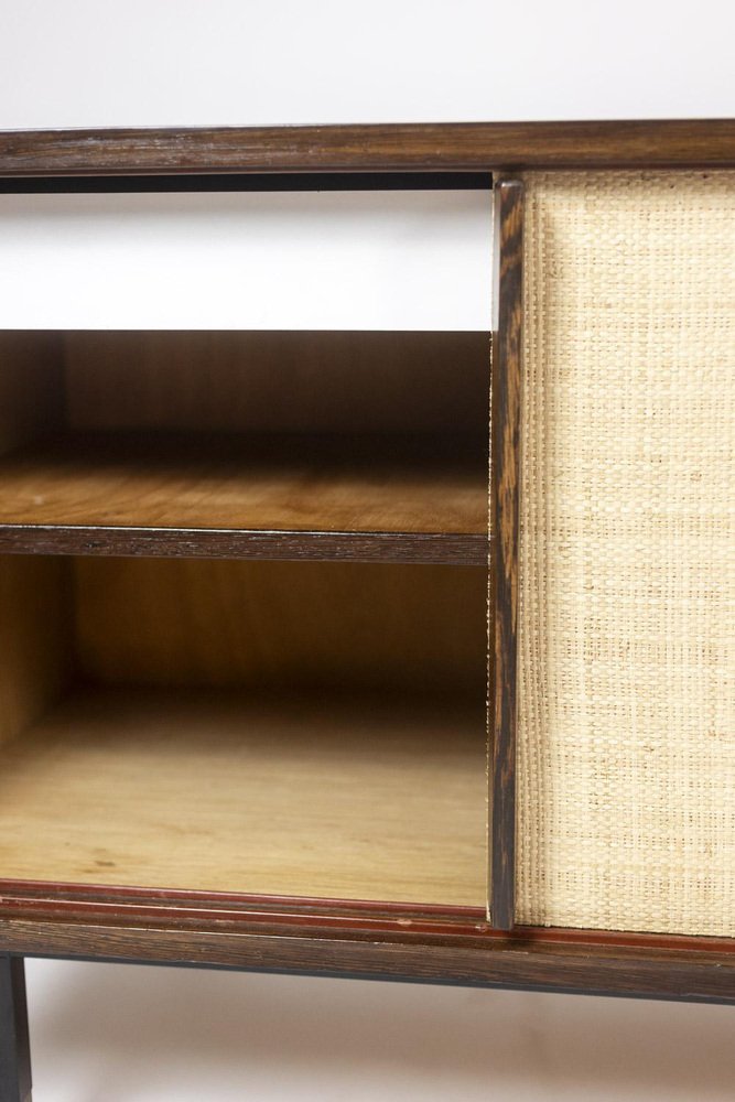 Sideboard in Wenge, Raffia and Lacquered Metal, 1970s