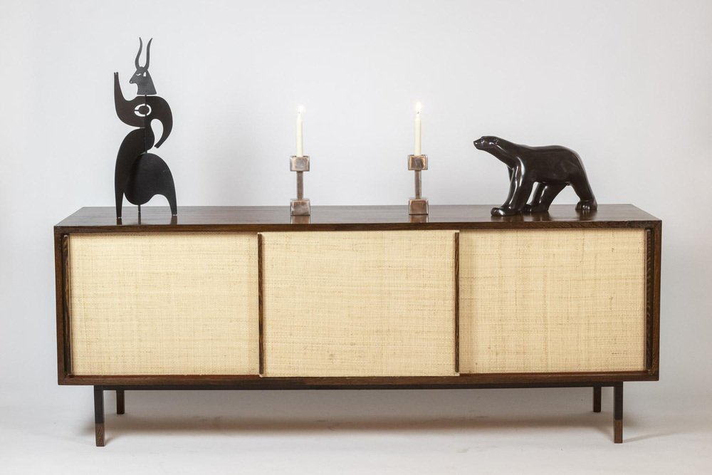 Sideboard in Wenge, Raffia and Lacquered Metal, 1970s