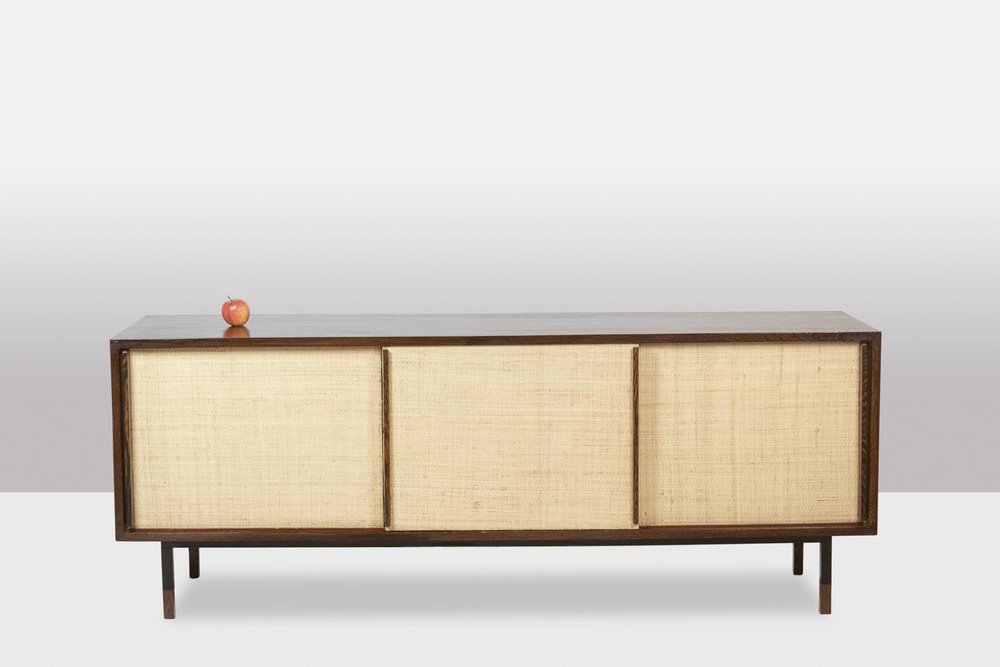 Sideboard in Wenge, Raffia and Lacquered Metal, 1970s