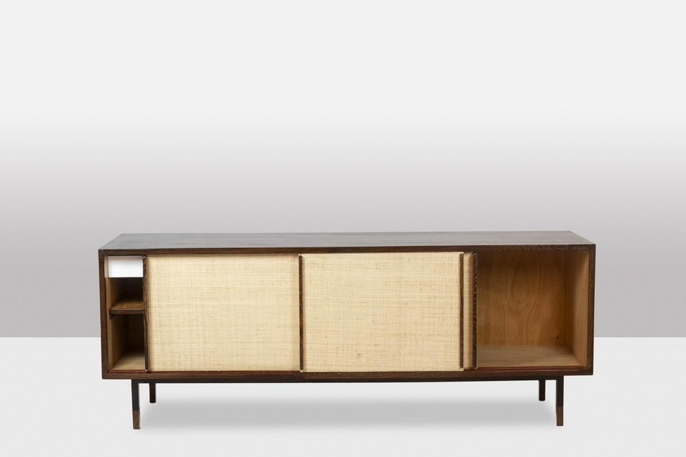 Sideboard in Wenge, Raffia and Lacquered Metal, 1970s