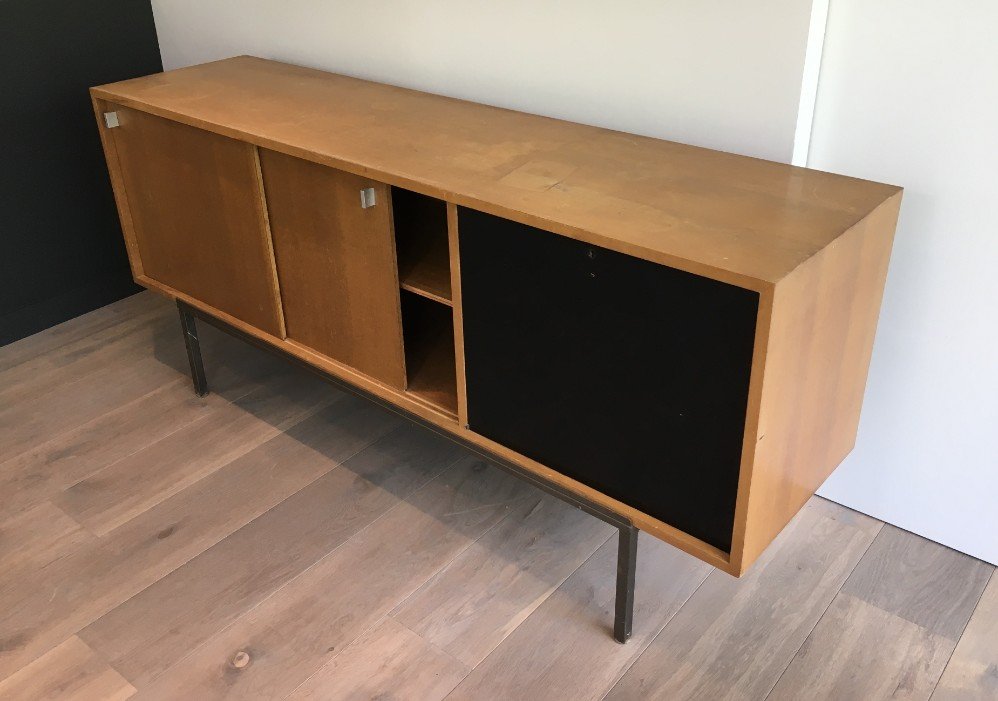 Sideboard with Sliding Doors, Bar & Metal Base, 1950s