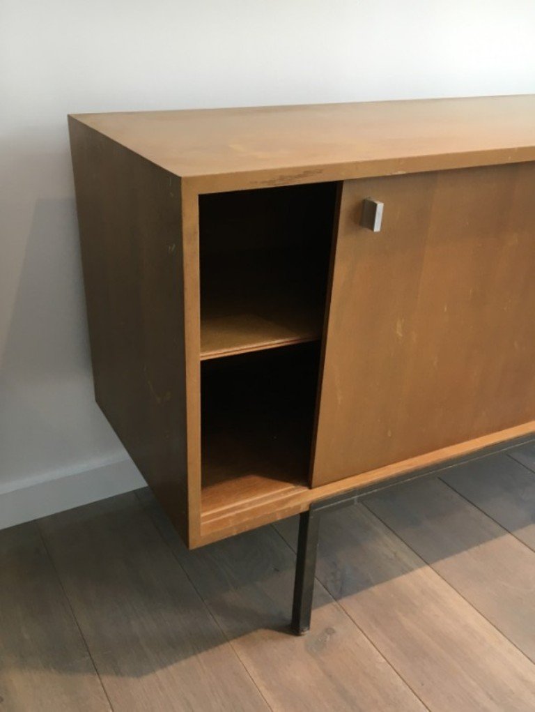 Sideboard with Sliding Doors, Bar & Metal Base, 1950s