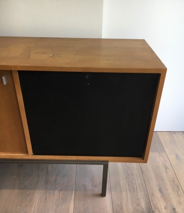 Sideboard with Sliding Doors, Bar & Metal Base, 1950s