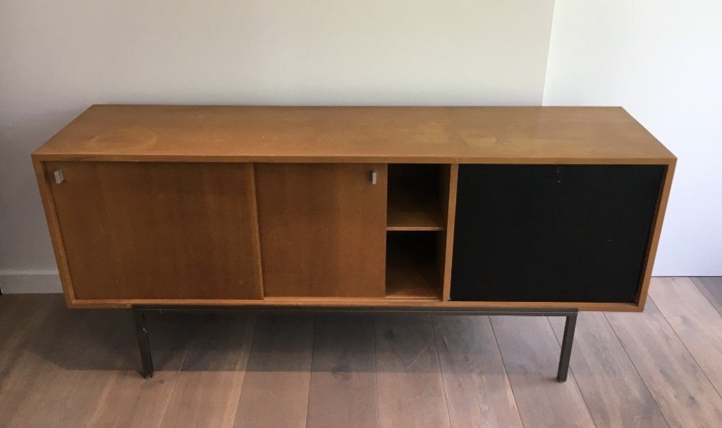 Sideboard with Sliding Doors, Bar & Metal Base, 1950s