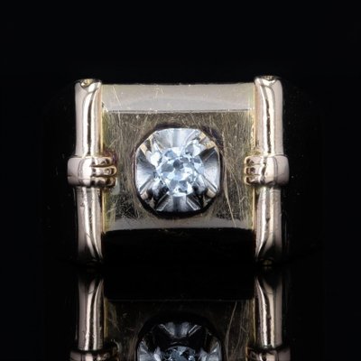 Signet Tank Ring in 18K Yellow Gold with Diamond, 1940s-OLU-1292421