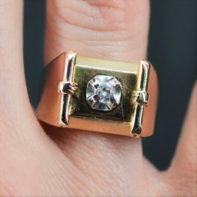 Signet Tank Ring in 18K Yellow Gold with Diamond, 1940s-OLU-1292421