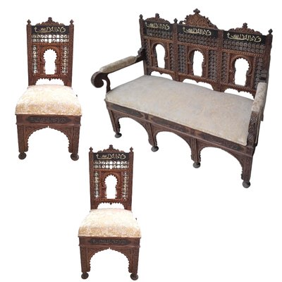 Silon and Wooden Chairs Carved with Arab Inscription, Set of 3-TCS-1749152