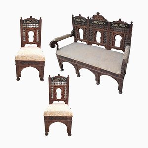 Silon and Wooden Chairs Carved with Arab Inscription, Set of 3-TCS-1749152