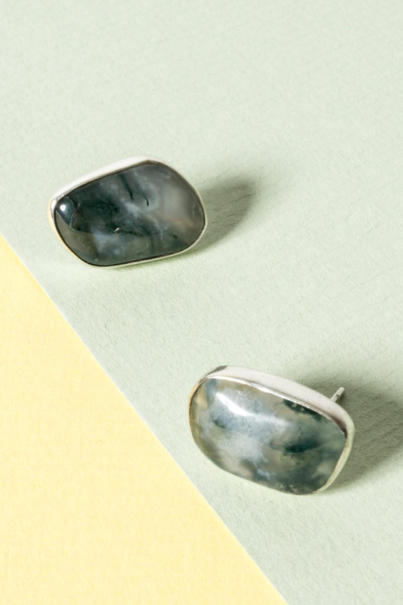 Silver and Moss Agate Earrings from Gussi, 1957, Set of 2