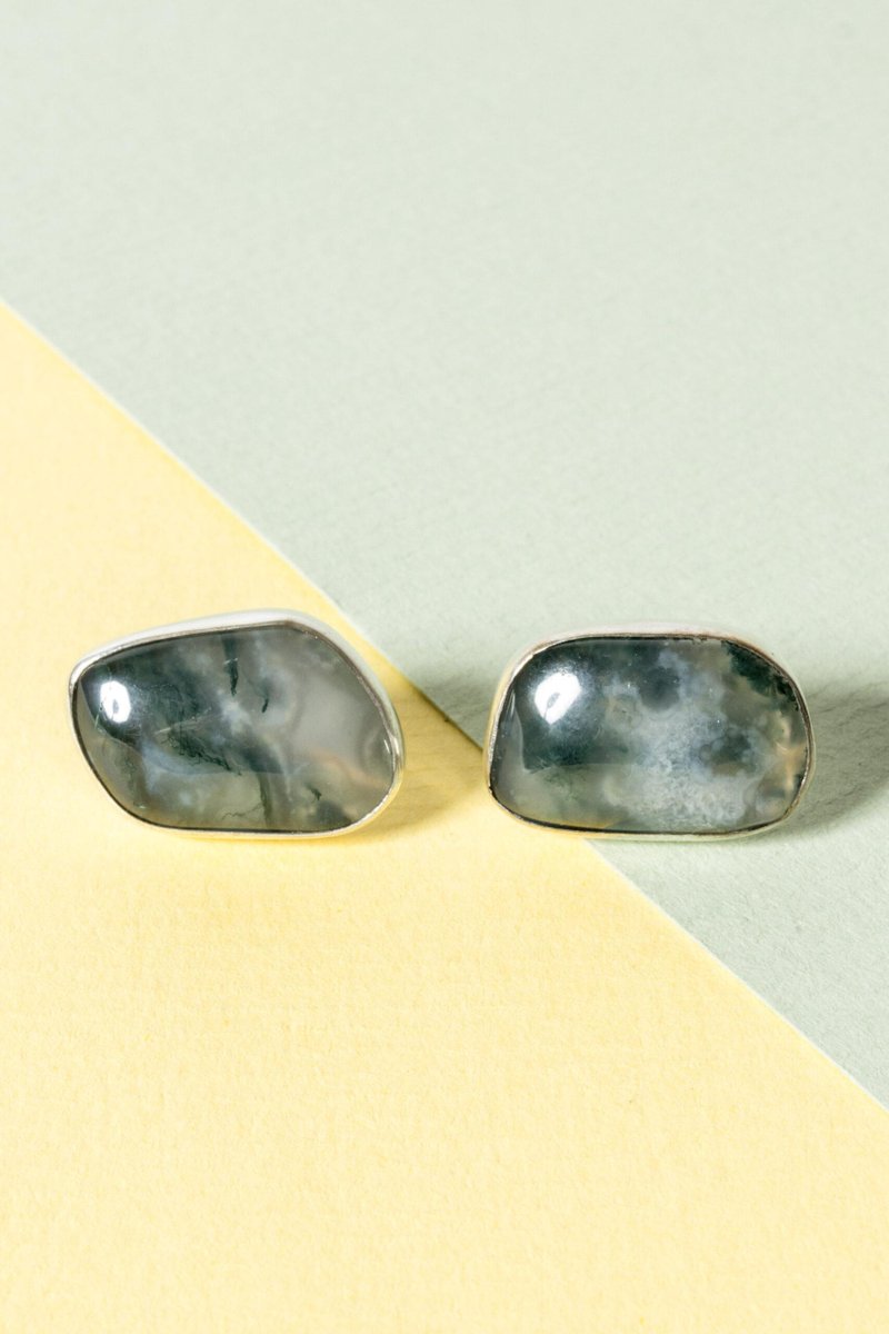 Silver and Moss Agate Earrings from Gussi, 1957, Set of 2