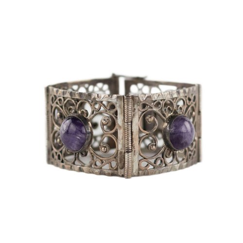 Silver Bracelet with Amethysts, Cabochon Cut.