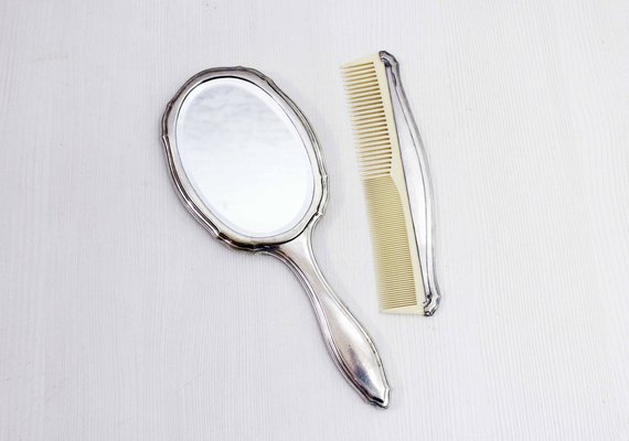 Silver Hand Mirror and Comb, 1930s, Set of 2-BQF-1727774