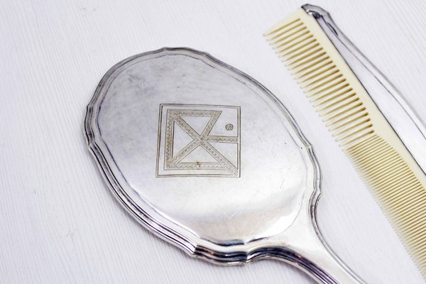 Silver Hand Mirror and Comb, 1930s, Set of 2-BQF-1727774