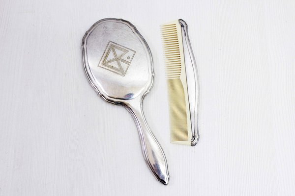 Silver Hand Mirror and Comb, 1930s, Set of 2-BQF-1727774