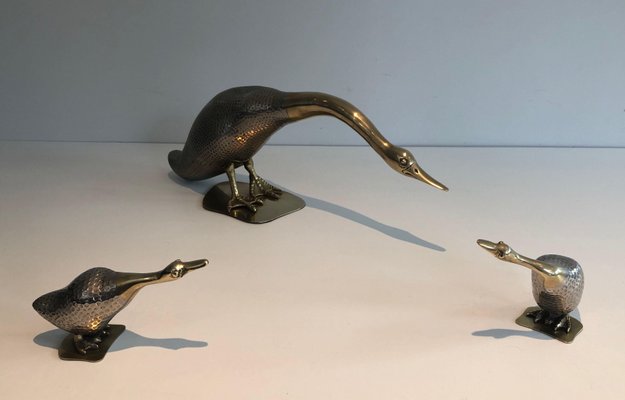 Silver Metal and Brass Ducks, Set of 3-BA-1365412