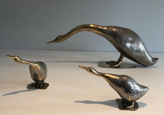 Silver Metal and Brass Ducks, Set of 3-BA-1365412