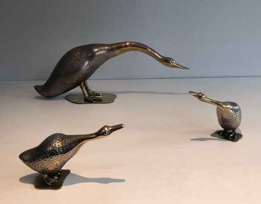 Silver Metal and Brass Ducks, Set of 3-BA-1365412