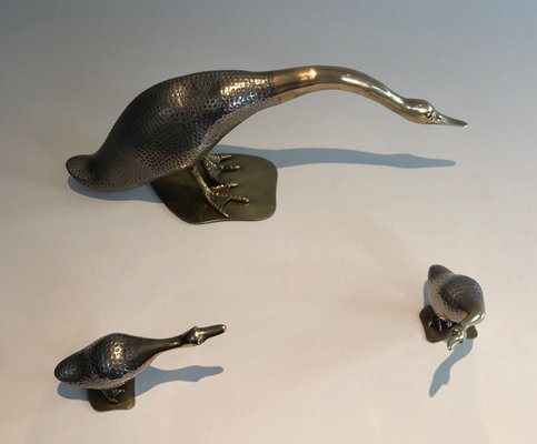 Silver Metal and Brass Ducks, Set of 3-BA-1365412