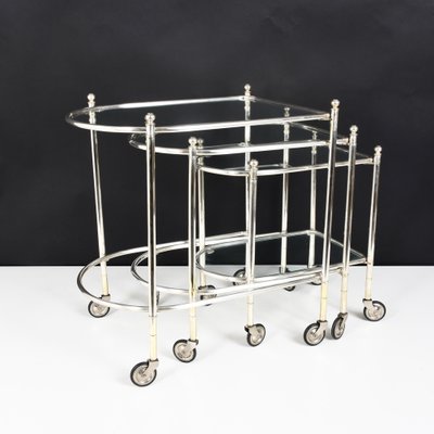 Silver Plated Brass Nesting Tables with Wheels from Maison Jansen, France, Set of 3-JDR-1126240