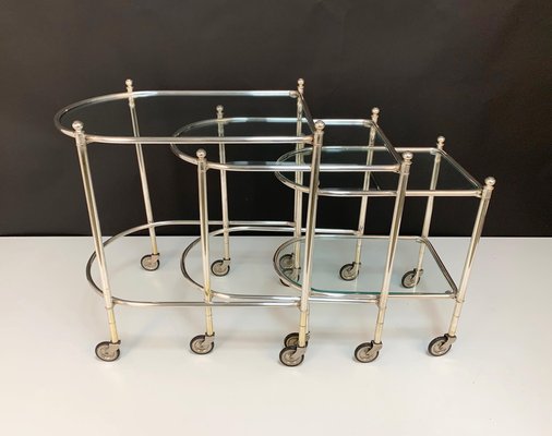 Silver Plated Brass Nesting Tables with Wheels from Maison Jansen, France, Set of 3-JDR-1126240