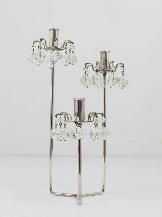 Silver Plated Candlestick with Faceted Crystals from Lobmeyr, Austria, 1950s