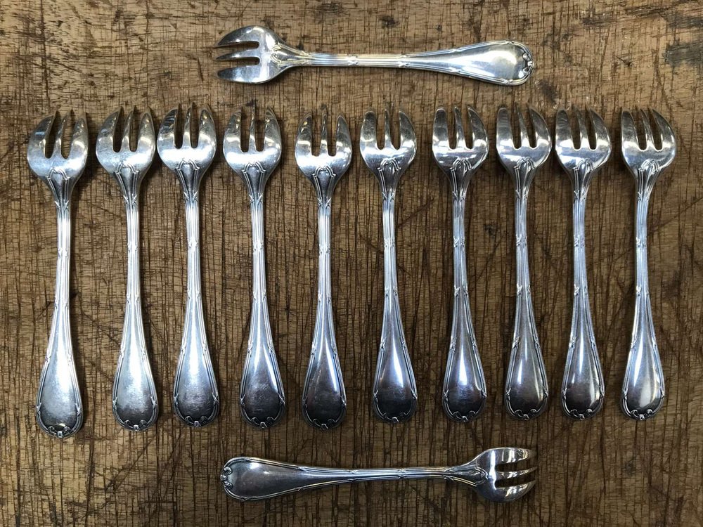 Silver-Plated Oyster Forks Rubans Model from Christofle, Set of 12