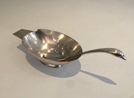 Silver Plated Swan Gravy Boat with Spoon by Christian Fjerdingstad for Gallia, France, 1950s, Set of 2-BA-803679