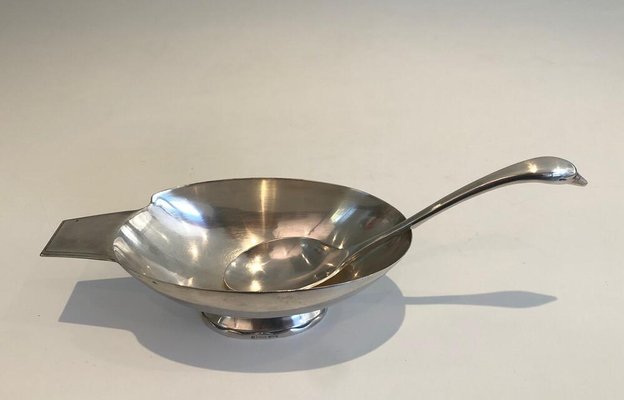 Silver Plated Swan Gravy Boat with Spoon by Christian Fjerdingstad for Gallia, France, 1950s, Set of 2-BA-803679