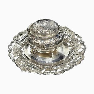 Silver Small Dutch Sword Marked Inkwell With a Scene of Houses and a Windmill-UCH-1224661