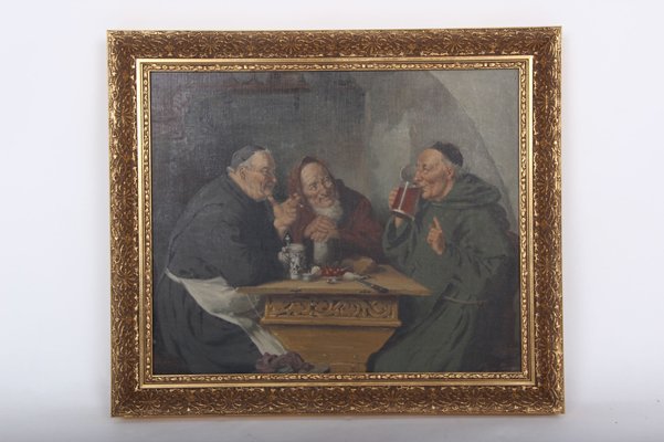 Simony Jensen, Monks Drinking Beer, 19th-Century, Oil on Canvas, Framed-DQ-1318798