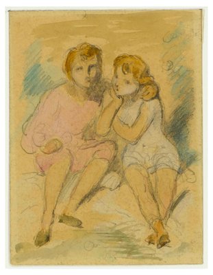 Sitting Children - Pencil and Watercolor Drawing by A. Devéria -Mid 19th Century Mid 19th Century-ZCI-757606