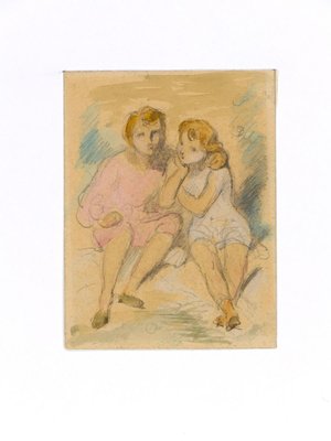 Sitting Children - Pencil and Watercolor Drawing by A. Devéria -Mid 19th Century Mid 19th Century-ZCI-757606