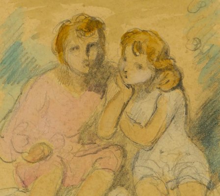 Sitting Children - Pencil and Watercolor Drawing by A. Devéria -Mid 19th Century Mid 19th Century-ZCI-757606