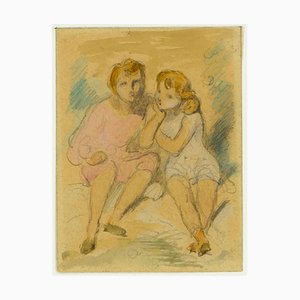 Sitting Children - Pencil and Watercolor Drawing by A. Devéria -Mid 19th Century Mid 19th Century-ZCI-757606