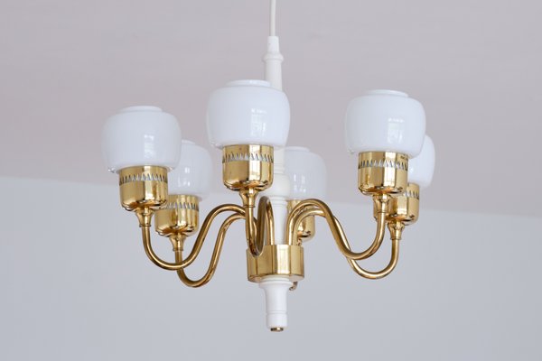 Six Arm T526 Brass and Opal Glass Chandelier by Hans-Agne Jakobsson for AB Markaryd, Sweden, 1960s-FMT-1060158