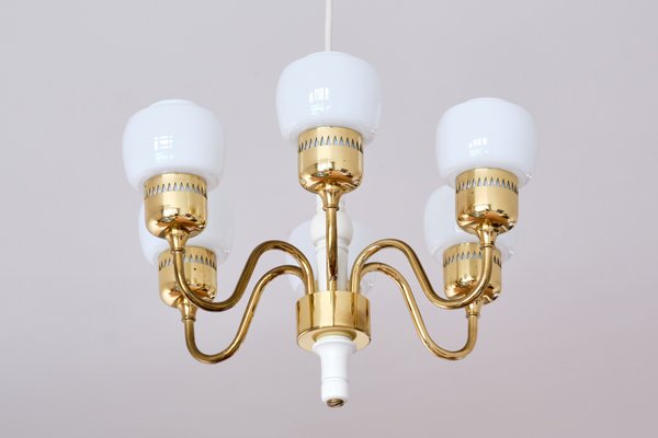 Six Arm T526 Brass and Opal Glass Chandelier by Hans-Agne Jakobsson for AB Markaryd, Sweden, 1960s-FMT-1060158