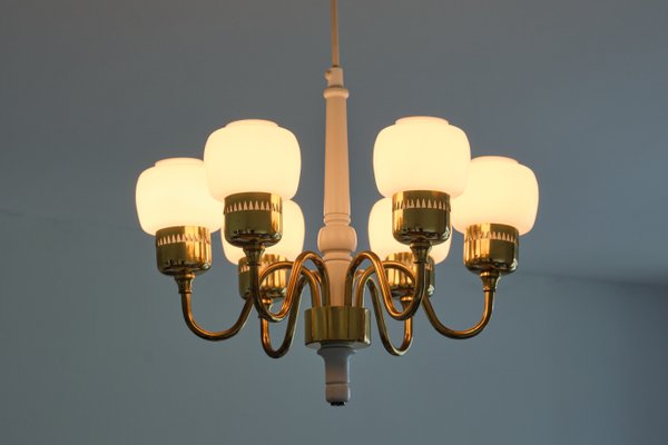 Six Arm T526 Brass and Opal Glass Chandelier by Hans-Agne Jakobsson for AB Markaryd, Sweden, 1960s-FMT-1060158