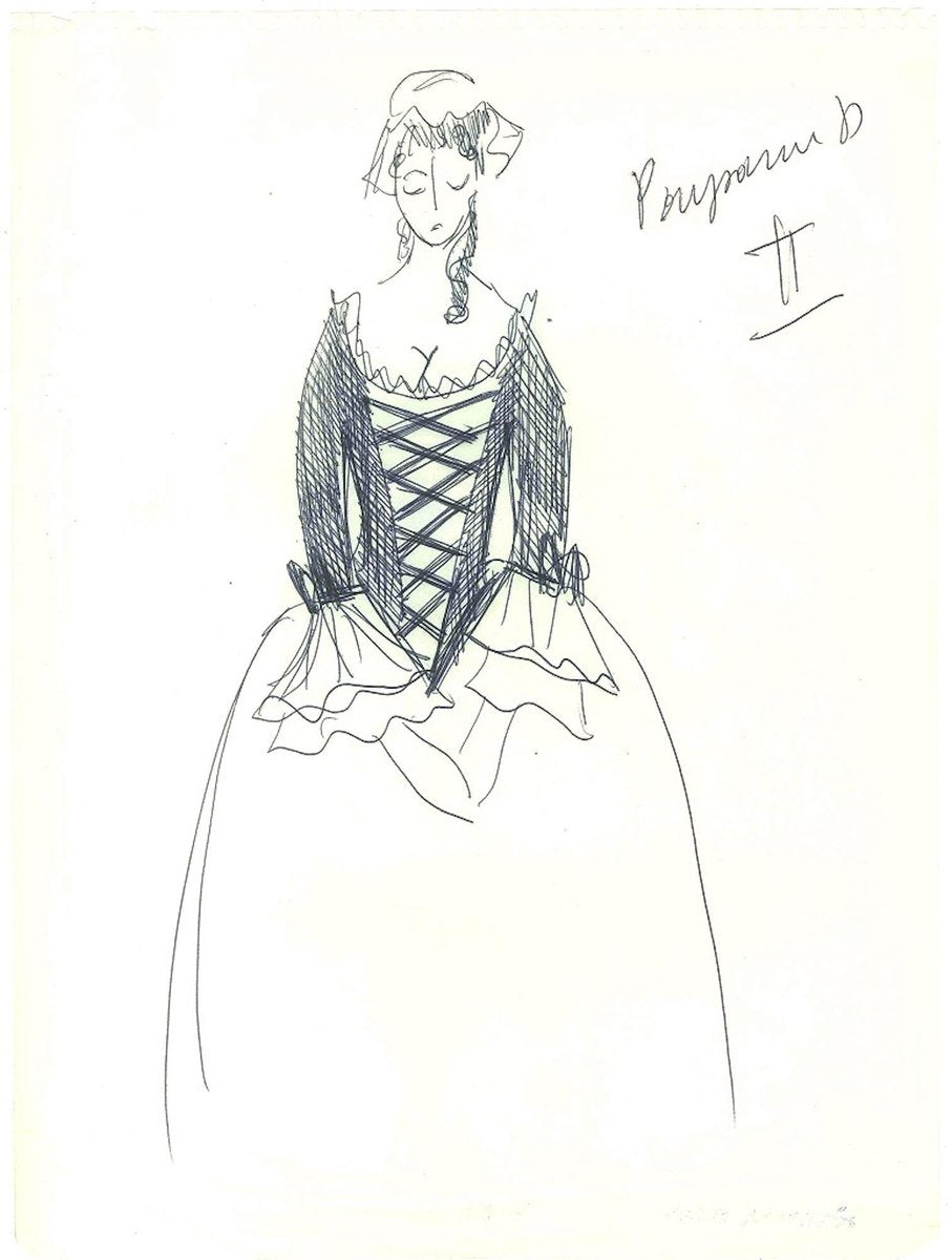 Sketch for a Peasant Costume - Original China Ink on Paper by A. Matheos Mid 20th Century