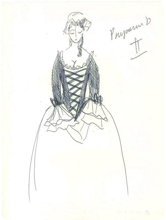 Sketch for a Peasant Costume - Original China Ink on Paper by A. Matheos Mid 20th Century