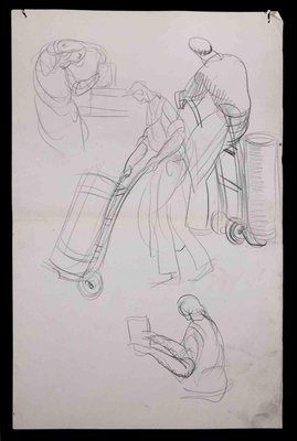 Sketches of Workers, Original Drawing, Mid 20th-century-ZCI-1190185